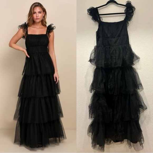 knee length dresses for ladies 21SIX Black Laurent Tulle Layered Maxi Dress main image 0